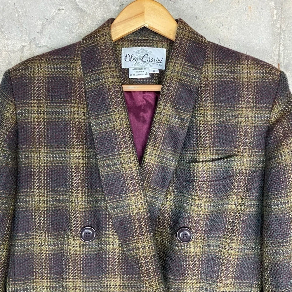 Vintage Oleg Cassini brown plum purple tan plaid double breasted blazer medium 8